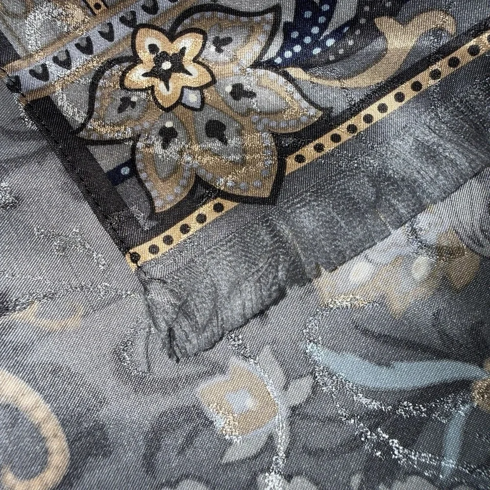 Vintage Talbots 100% Silk Paisley Scarf Shawl Gray Gold Blue Fringe Wrap 16x60